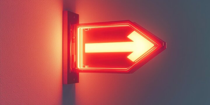 A bright red neon arrow sign is mounted on a textured wall. The arrow points directly to the right. The sign is illuminated with a vibrant, saturated red light - Powered by Adobe