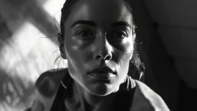 Female athlete post-workout with glistening sweat. Physically fit woman in sports attire, exuding energy and determination.