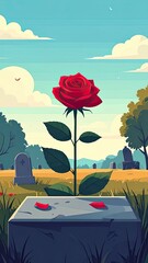 Graveyard Action, Rose Subject, Serene Location, Illustration Content, Peaceful Environment, Close-up Viewpoint, Remembrance Concept