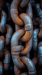 Fototapeta premium Close-up of a rusty chain, showing intricate details of aged metal links. The texture and color variations depict time and wear