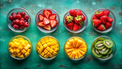 A colorful assortment of fresh fruits, including cherries, strawberries, mangoes, and kiwis, are neatly arranged in clear glass bowls on a textured teal surface, offering a healthy and vibrant display