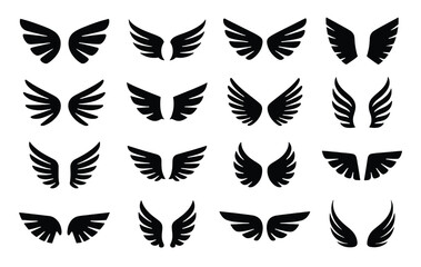 Collection of Black Silhouette Angel Wings Icons and Symbols vector illustration