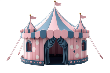 Bright pink and blue circus tent with flags for festive and entertainment themes, PNG, isolated on transparent background.