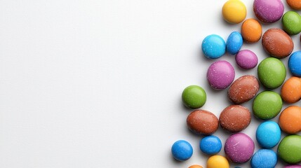 Colorful Candy Coated Chocolates on White Background, Generative AI