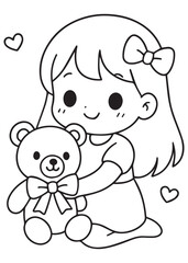 coloring book girl cuddling a teddy bear wearing a bow, sweet Valentine hug moment.