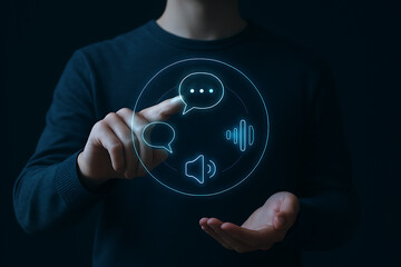 Digital communication interface technology concept with chat and audio icons hovering above hand