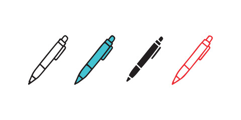 Pen Icons – Minimalist Writing Tool Symbols in Multiple Styles and Colors for Education, Office Supplies, Creativity, Productivity, Stationery Design, and Graphic User Interface Elements