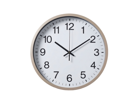 A round, beige-framed clock with a white face and black numbers and hands.  Time is displayed clearly