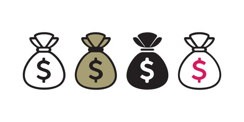 Money Bag Icons – Minimalist Dollar Sack Symbols in Multiple Styles and Colors for Finance, Banking, Investment, Budgeting, Wealth Management, Business Growth, and Economic Planning Graphics


