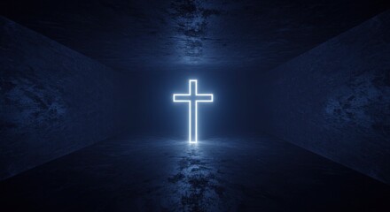 A glowing white cross in a dark, reflective, stone-like interior space.