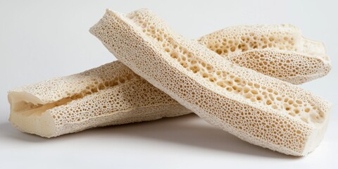 Two large, bleached animal bones lie side by side on a white surface. The bones are porous and have a sponge-like texture, with visible holes and ridges. 