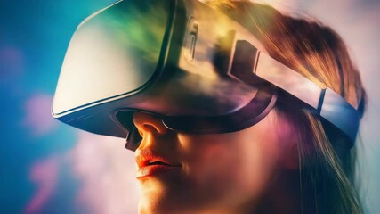 This is a modern and futuristic featuring virtual reality technology. A woman is wearing an advanced vr headset, with the digital interface superimposed over her face. - Powered by Adobe