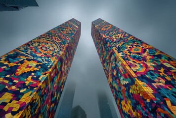 Two skyscrapers rise, their facades covered in colorful, mosaic-like patterns against a cloudy sky, viewed from a low angle