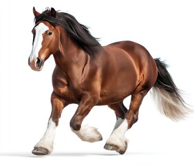 Obraz premium Chestnut horse trots powerfully, its black mane flowing freely and white markings on its face and legs contrasting against its rich, brown coat