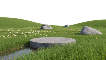 Scenic meadow with circular stone platform and isolated transparent ambiance for product showcase