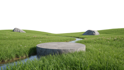 Scenic meadow with lush green grass, meandering stream, stone podium and isolated transparent