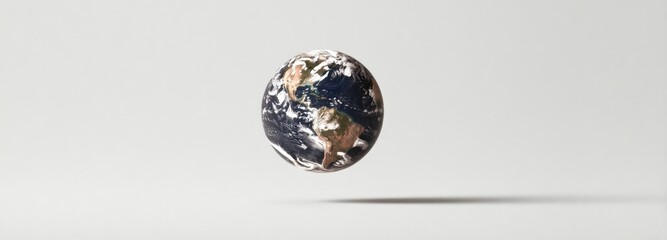 Obraz premium A floating globe of Earth with visible continents and swirling clouds, casting a shadow on a plain white surface