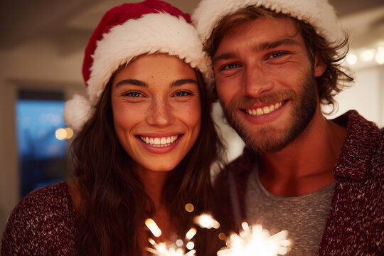 A man and woman are smiling and posing for a picture with a sparkler