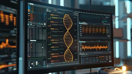 DNA sequence analysis on computer screen displaying detailed data charts and graphs for advanced research and scientific study - Powered by Adobe