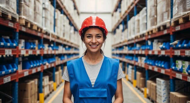 Smiling woman warehouse worker in blue vest with red hard hat stands in aisle lined with boxes and shelves during daylight hours - Powered by Adobe