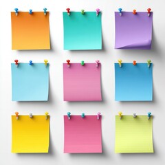 An array of nine colorful square sticky notes pinned to a plain white surface, arranged in a neat grid, casting soft shadows