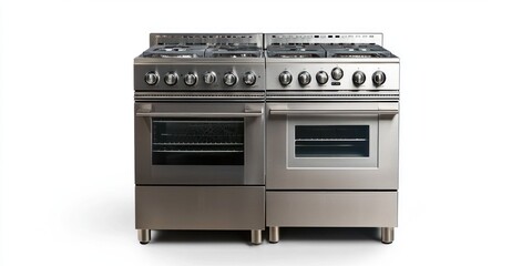 Obraz premium A gleaming, professional-grade range cooker stands prominently against a stark black background. The range cooker is constructed from polished stainless steel 