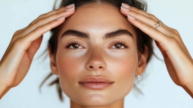 A woman with a gentle touch on her forehead, representing relaxation and stress relief. The conveys the essence of meditation and the importance of self-care.