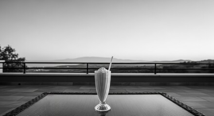 Monochrome milkshake on glass table with scenic mountain view at sunrise