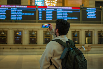 Hispanic backpacker traveler photographing departure board inside Grand Central Terminal New York City symbolizing tourism, urban lifestyle, exploration, commuting and iconic train station experience