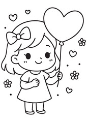 coloring book  girl holding a heart-shaped balloon and smiling in a joyful Valentine moment.