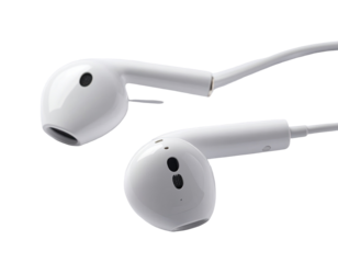 Pair of white earbuds angled outward, showing a flexible cord