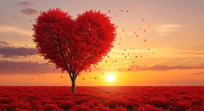 Heart-shaped tree in a red field at sunset, birds flying, romantic and serene landscape.