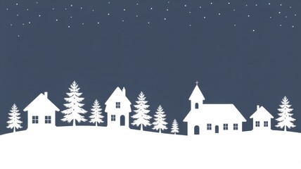 Naklejka premium Winter Village Silhouette: A charming winter village silhouette, with cozy houses, festive pine trees, and a church silhouetted against a starlit night, ideal for holiday season and seasonal designs.