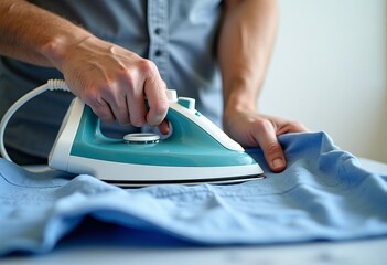 Close-up of a man ironing a blue shirt