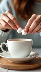 The hands of a young woman putting sugar cubes into a white teacup. The atmosphere is conducive to relaxing or having tea.