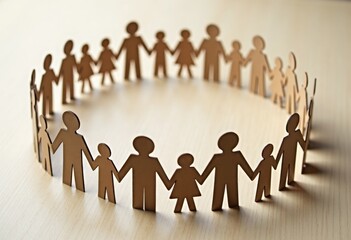 Round dance of adults and children, paper figures of people on a light wooden background. Uniting generations.