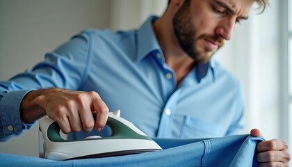Close-up of a man ironing a blue shirt