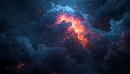 Obraz premium Intense thunder with vibrant orange lightning illuminating the dark sky and blue clouds that are engulfed in fiery flames.