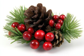 Festive arrangement of pine cones, bright red berries and green pine needles set against a stark white background