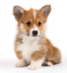 Obraz premium A fluffy, small puppy with brown and white fur, sitting upright against a seamless white backdrop, looking directly at the viewer with dark, round eyes