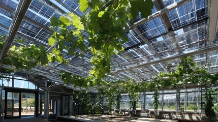 Transparent solar panels doubling as greenhouse roofs for growing crops, multifunctional renewable energy innovation. 