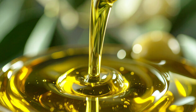 Extra virgin olive oil pouring golden liquid with olives in background