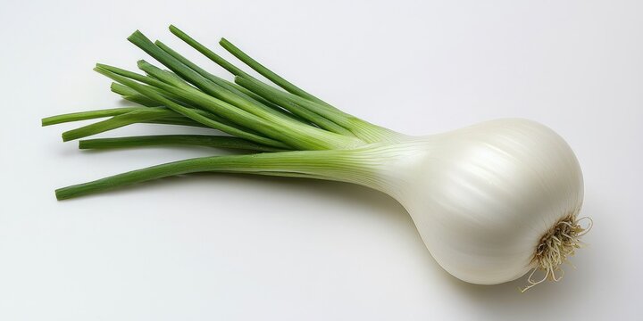 A whole white onion rests on a white surface, with a long bunch of green chives extending from its base. The onion has a smooth, rounded shape and a small root end.