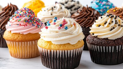 Colorful Cupcakes with Various Frostings and Sprinkles, Generative AI