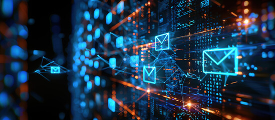 Digital Communication: Dive into a mesmerizing, futuristic visualization of digital communication, where glowing email symbols intertwine with an abstract network.