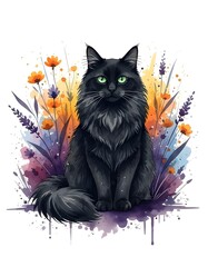 black cat with flowers