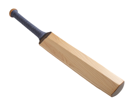 Light-colored wooden cricket bat with dark grip