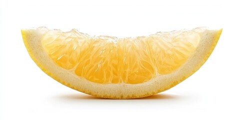 A vibrant half lemon is presented against a stark white background. The citrus fruitâ€™s segmented flesh is prominently displayed, revealing its intricate network of fibers and juice. 