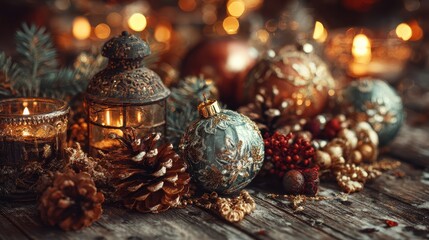 Vintage Christmas background, nostalgic decorations, old-fashioned ornaments, warm glow. 