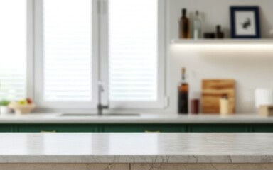 Empty white marble counter top in modern kitchen green color with blurred background. 